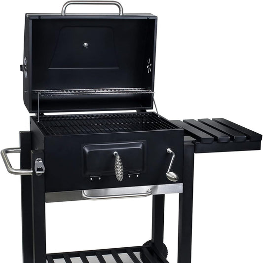 BBQ Charcoal Grill Trolley with Lid, Shelf and Fire Flap, Height Adjustment for Coal, Thermometer