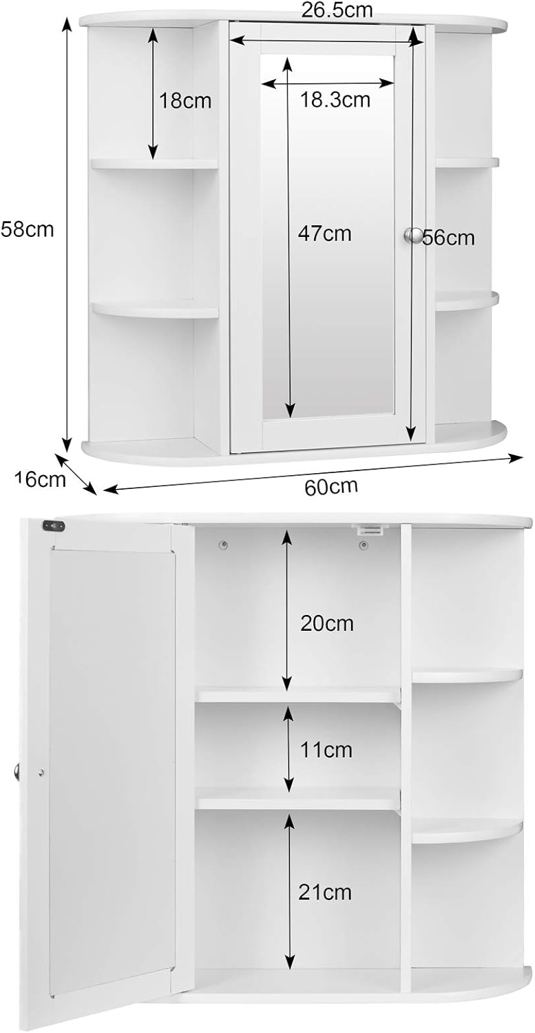 Bathroom Mirror Wall Cabinet with Doors W x H x D Approx. 60 x 58 x 16 cm White