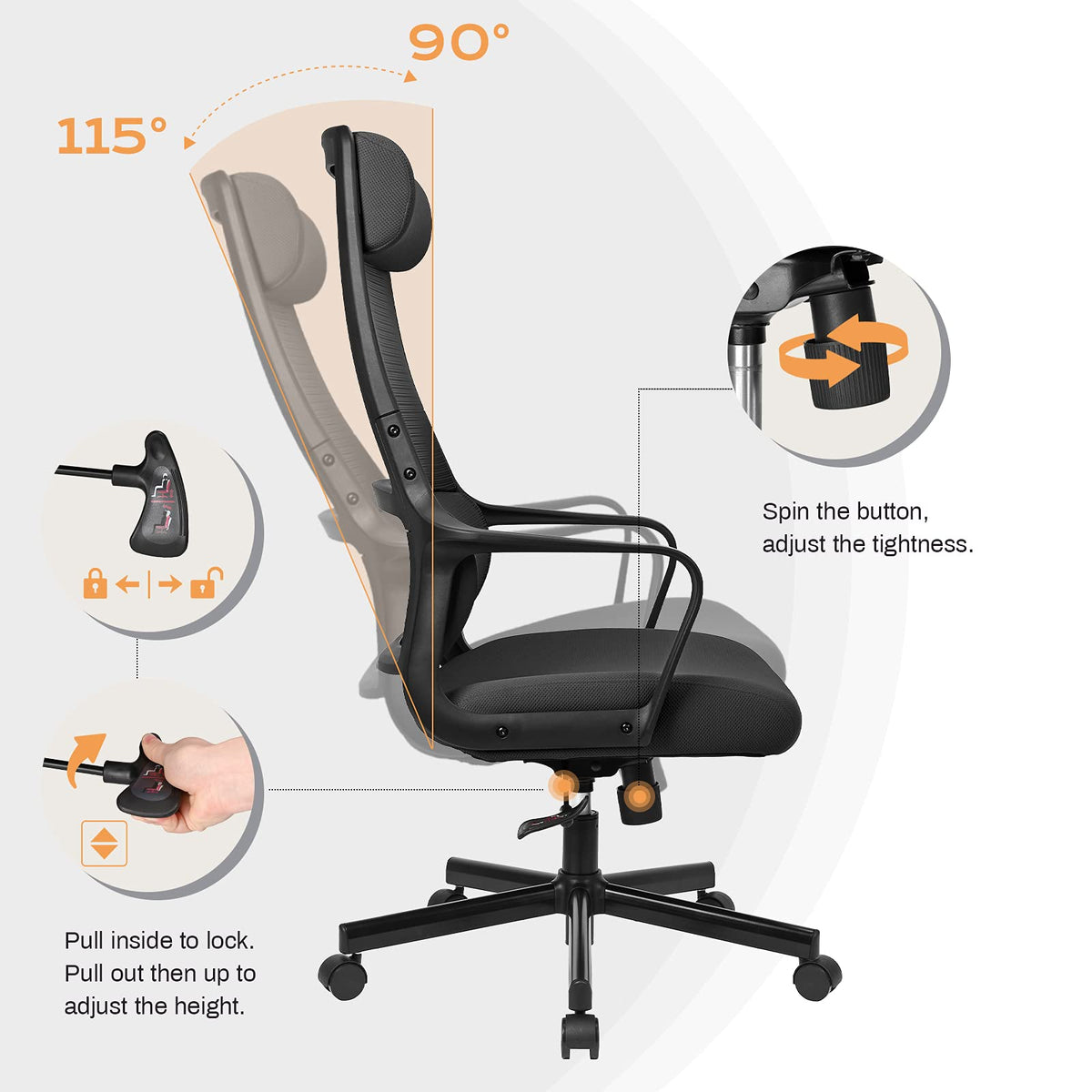Ergonomic Office Chair with Height Adjustable Headrest, High Back, Lumbar Support, Silent Casters, Heavy Duty Chair for Conference Workspace Area, EN1335 Standard (Grey)