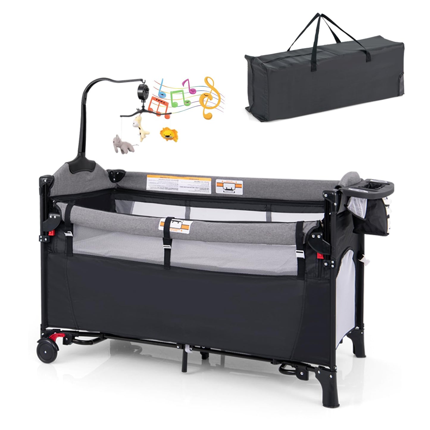 DREAMADE 5-in-1 Baby Travel Cot, 120 x 60 cm, Side Bed with Mattress & Changing Table, Music Box & Toy, Height-Adjustable Baby Bed for Baby from Birth (Dark Grey)