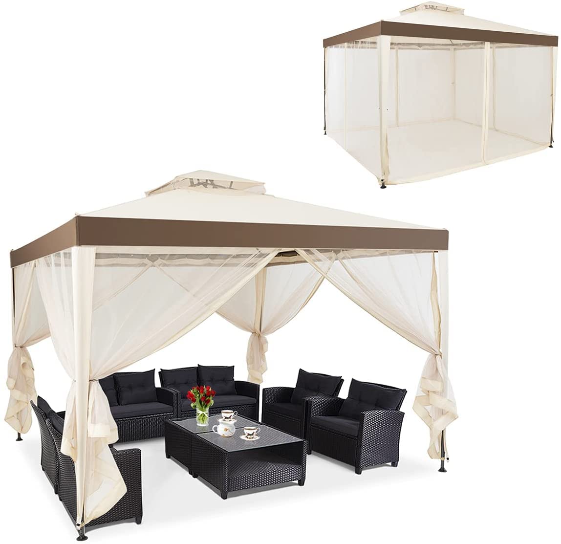 RELAX4LIFE 3 x 3 m Gazebo, Garden Gazebo with Iron Frame & Mosquito Net, Garden Tent with 4 Side Walls & Double Roof, Waterproof & Sunproof Party Tent for Party Camping (Brown)