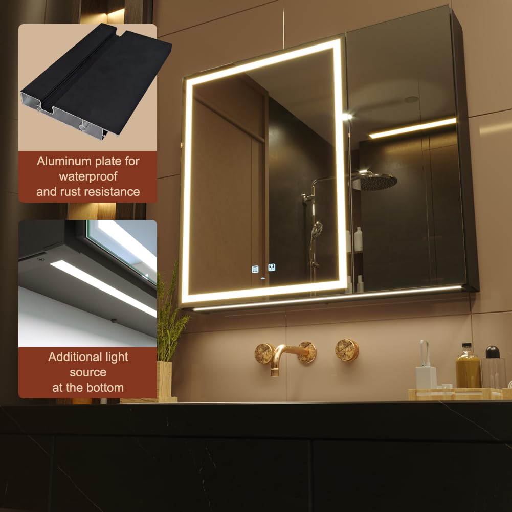 KWW LED Beleuchtetes Badezimmer Medizin Kabinett mit Spiegel, Farbtemperatur Einstellbar, Anti-Nebel Dimmbare Lichter, Steckdosen für USBs (75 x 70 cm)