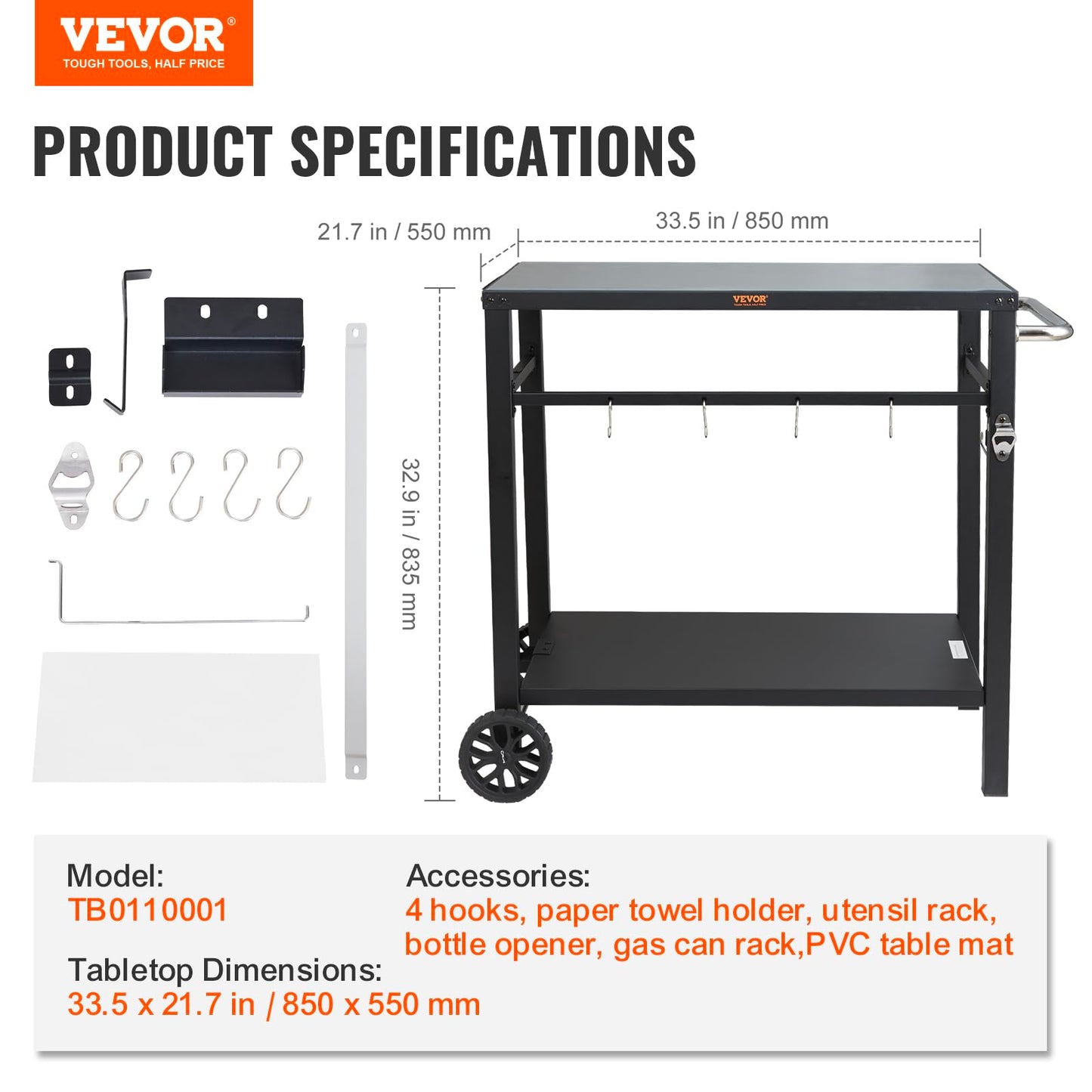VEVOR Serving Trolley, Kitchen Trolley, 100 x 64 x 83.5 cm, Outdoor Barbecue Dining Trolley with Double Shelf, Movable Grill Table for Preparing Food, Multifunctional Iron Table Top, Black