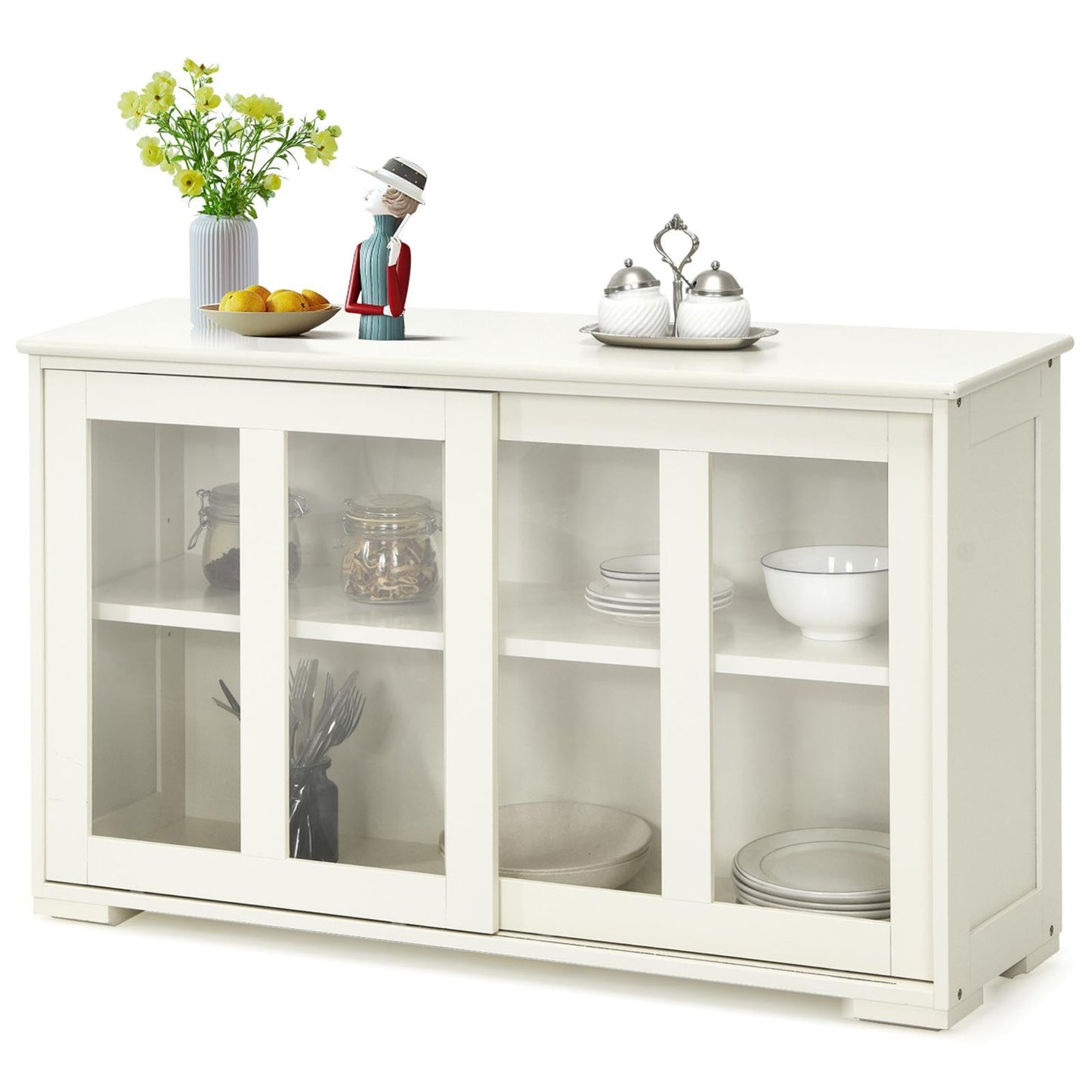 KOMFOTTEU Sideboard Side Cabinet, Kitchen Chest of Drawers with Glass Sliding Doors, Wooden Kitchen Cabinet with Adjustable Shelf, Buffet Cabinet 107 x 33 x 64 cm for Hallway Dining Room (Cream White)