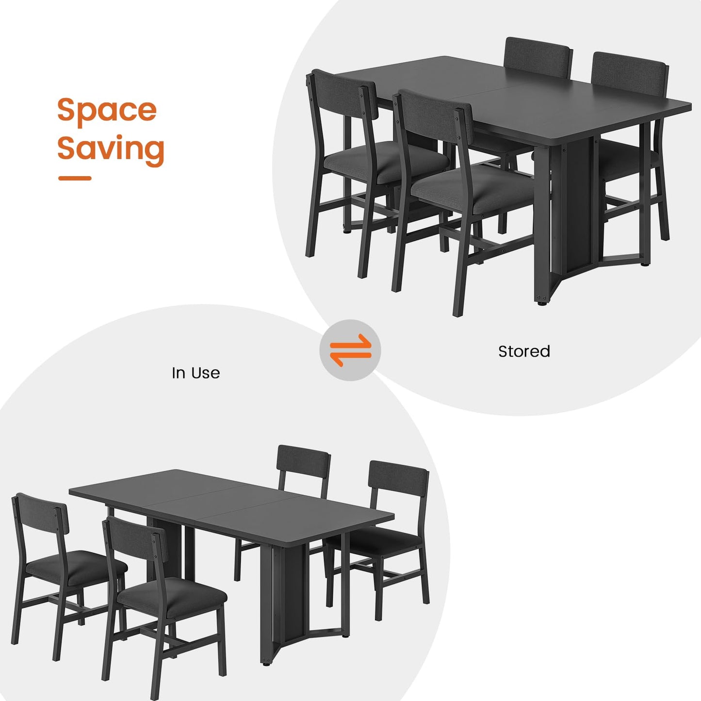 Itaar 5-Piece Dining Table Set for 4-6 People, 63" Extendable Kitchen Table and 4 Cushion Chairs, Dining Room Table with MDF Board & Metal Frame for Small Space, Easy Clean, Brown