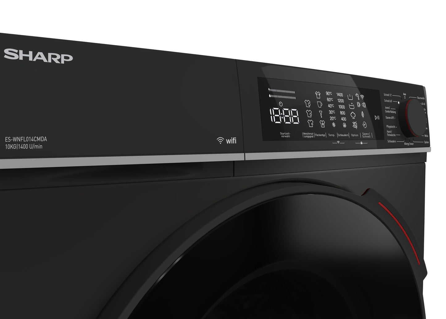 Sharp ES-WNFL914CMDA-DE Washing Machine, 9 kg, 1400 rpm, Energy Efficiency Class A (-20%), Inverter Motor, AquaStop, AquaGuard, WiFi, LED Touch, Steam Function, Black