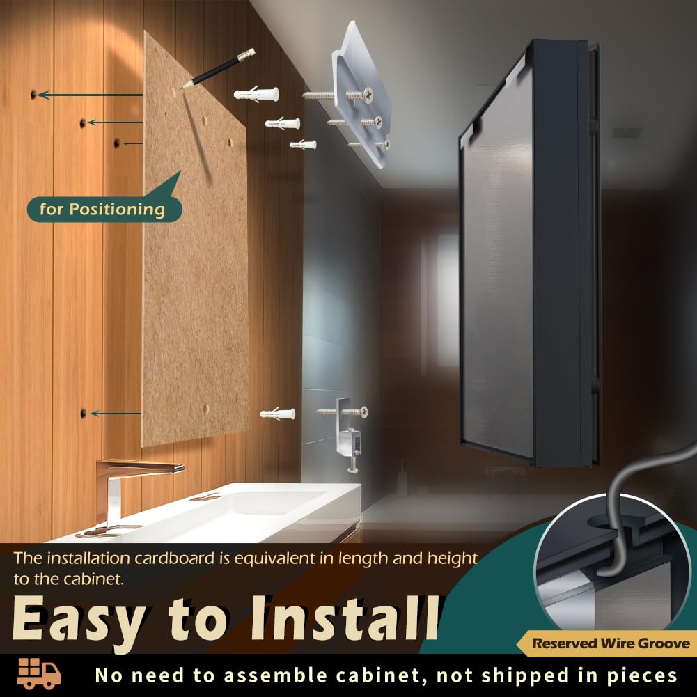 KWW LED Beleuchtetes Badezimmer Medizin Kabinett mit Spiegel, Farbtemperatur Einstellbar, Anti-Nebel Dimmbare Lichter, Steckdosen für USBs (75 x 70 cm)