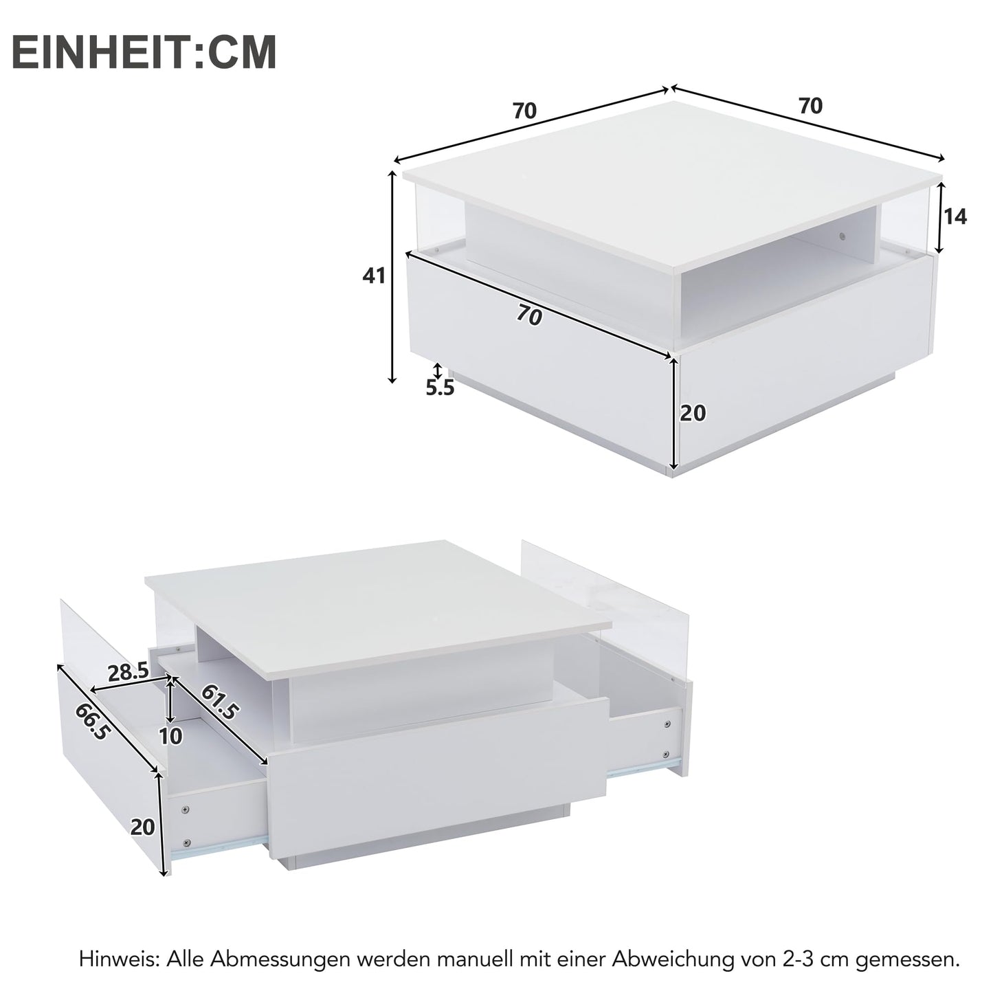 Modern High-Gloss LED Coffee Table with 2 Drawers and Transparent Presentation Area, Storage Space, Stable and Durable - Load Capacity up to 30 kg, Ideal for Living Room, 70 x 70 x 41 cm (Black)