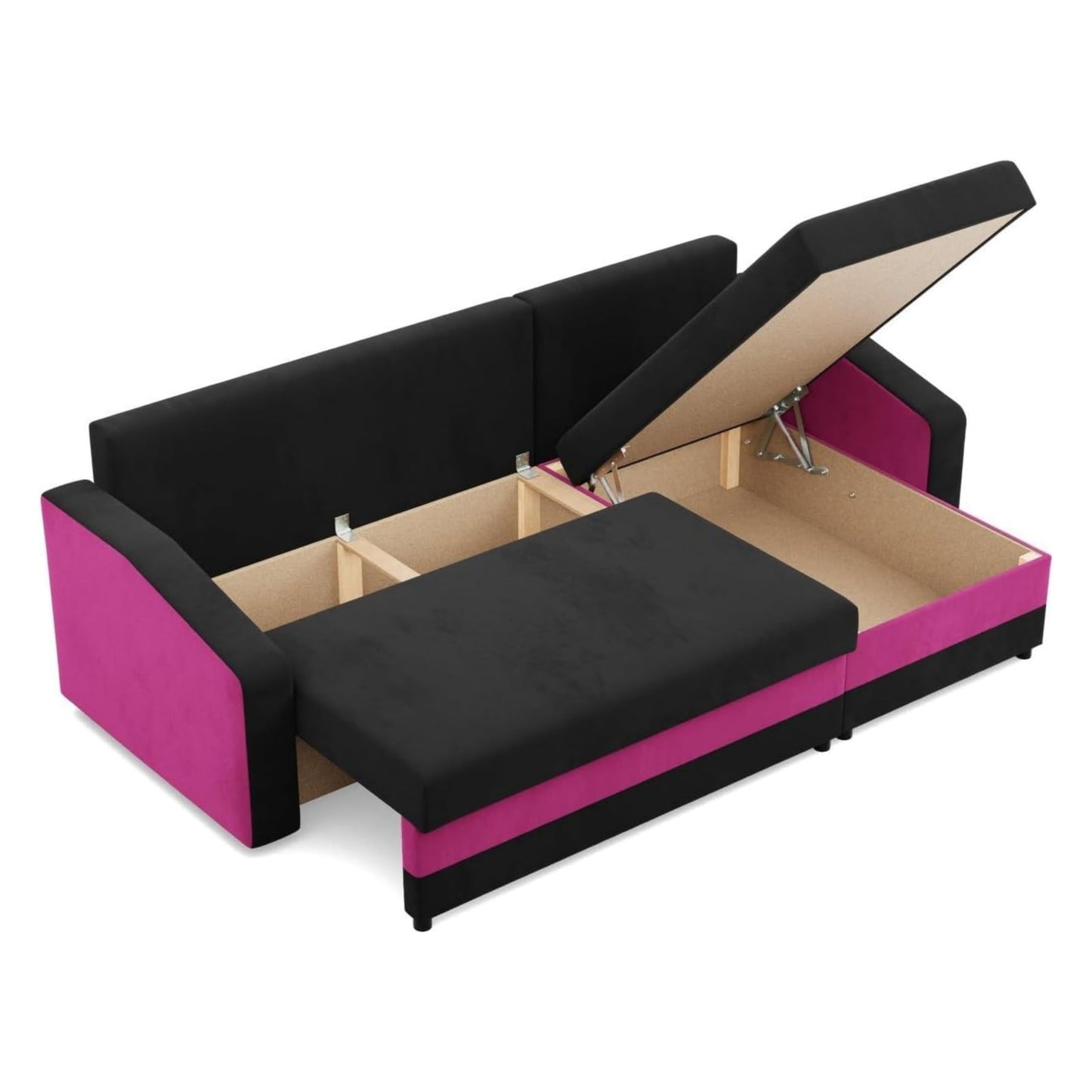 Mebligo Orion Corner Sofa with Sleep Function and Bed Box Black + Pink