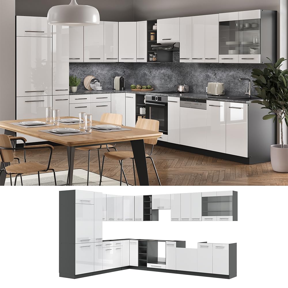 Vicco Fame-Line Corner Kitchen 257 x 347 cm White High Gloss / Anthracite without Worktop