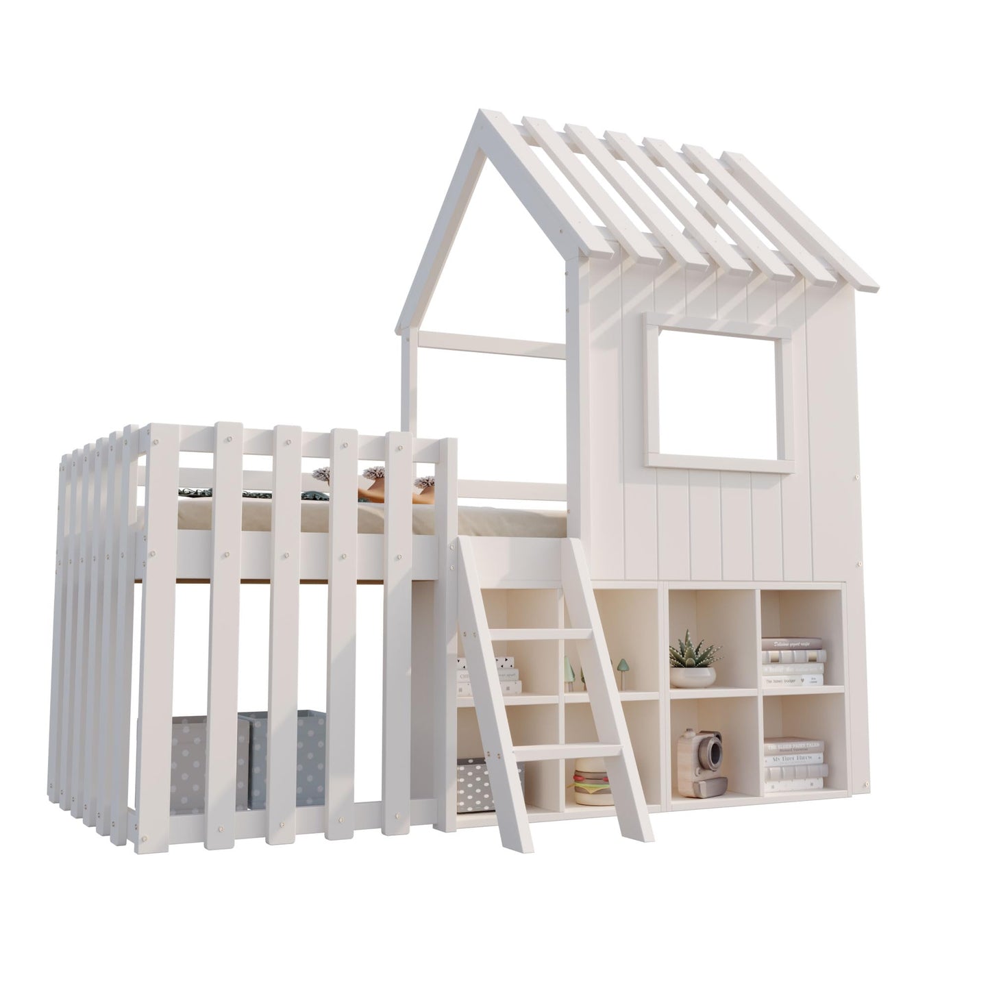Children's Bed, House Bed 90 x 200 cm, Children's Bed Frame with Roof and Window, with Open Storage Space, with Climbing Ladder, Slatted Frame, Solid Wood Bed, Wooden Bed without Mattress (White)
