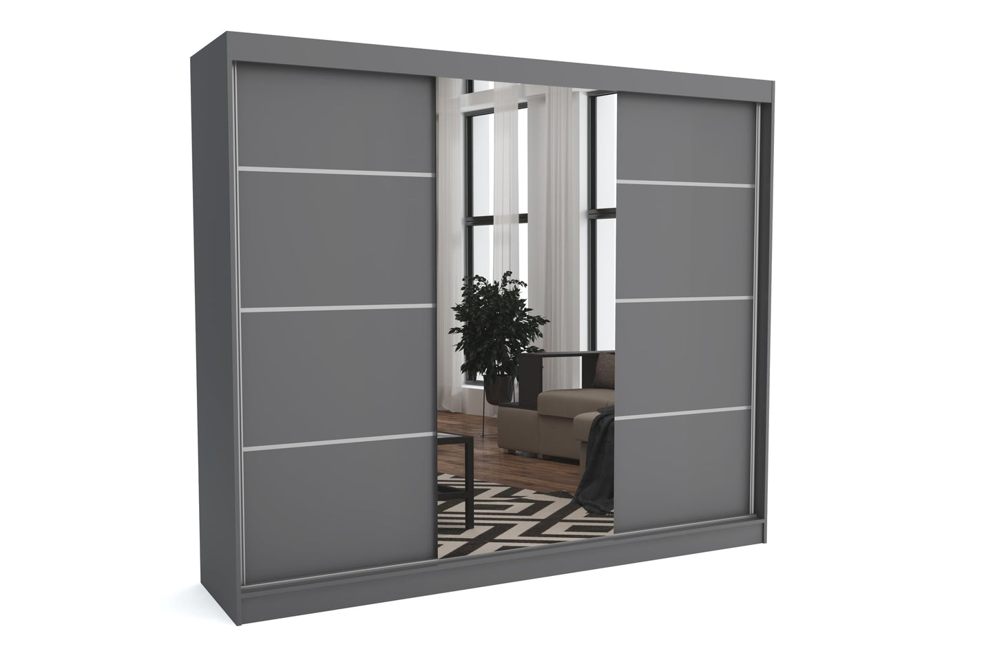 Brent - Tom Wardrobe with Mirror, 160 cm Wide, Bedroom Wardrobe with 1 Clothes Rail and Shelves for Clothes, Wardrobe Grey