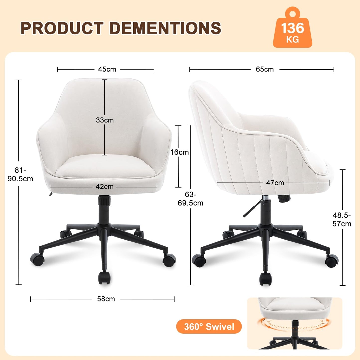 BERYTH Office Chair Home Office Velvet Dressing Table Chair up to 136 kg Load Capacity Ergonomic Height Adjustable Swivel Chair 360° Rotating Desk Chair Quiet Wheels Study Room Bedroom Home Office