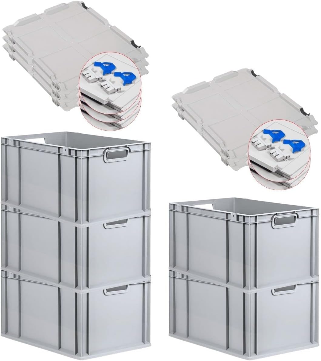 PROREGAL SuperSparSet 3 x Eurobox NextGen Grip with Lid and Yellow Clasps, H x W x D 32 x 40 x 60 cm, 65 Litres, Open Handles, Reinforced Base, Euro Container, Transport Box