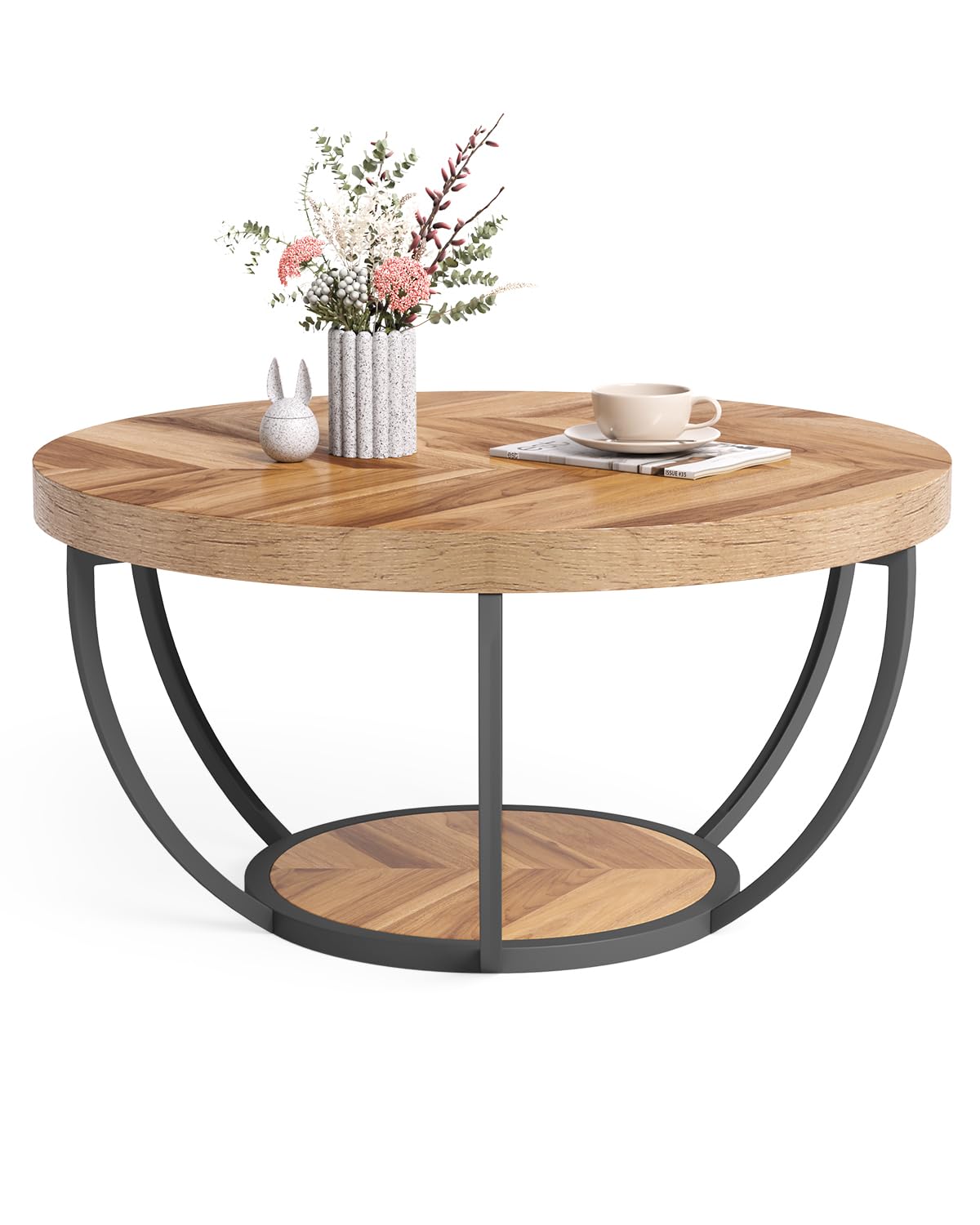 LITTLE TREE Round Coffee Table 32 Inch Round Coffee Table for Living Room 2 Tier Wood Accent Center Table with Open Storage Industrial Design Home Furniture (Wood Grain and Black)