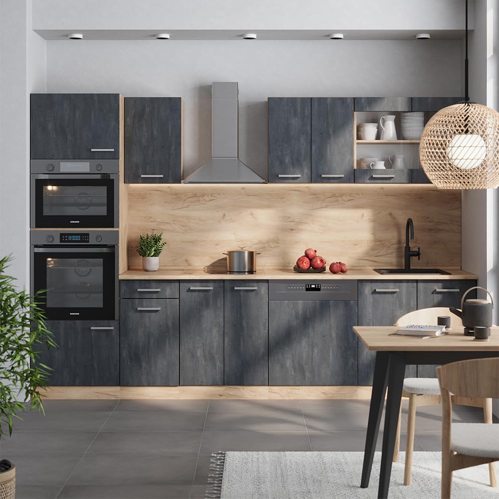 Vicco R-Line Kitchen Unit, High-Gloss Anthracite/Goldkraft Oak, 300 cm with Tall Cabinet, without Worktop