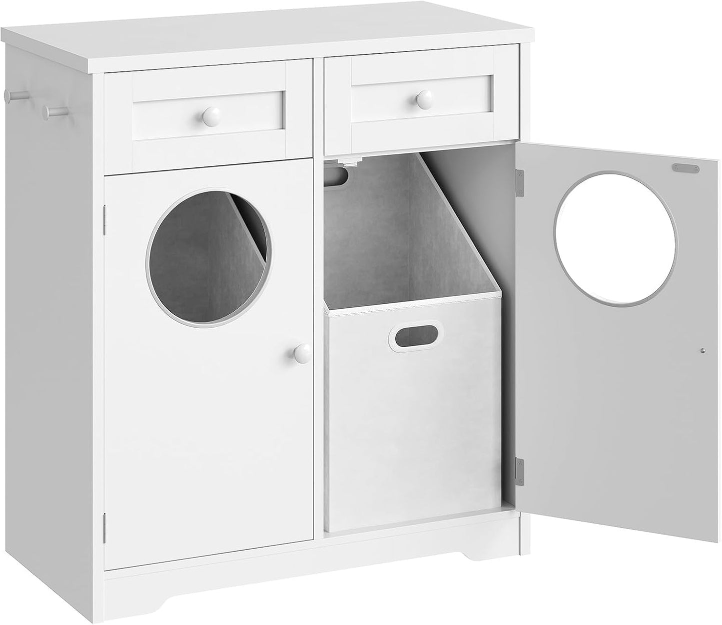 HOOBRO Bathroom Cabinet with Laundry Basket, Bathroom Cabinet with 2 x 37L Laundry Baskets, Freestanding Laundry Cabinet with 2 Drawers and 4 Hooks, for Bathroom, Laundry Room, White EWT36XY01