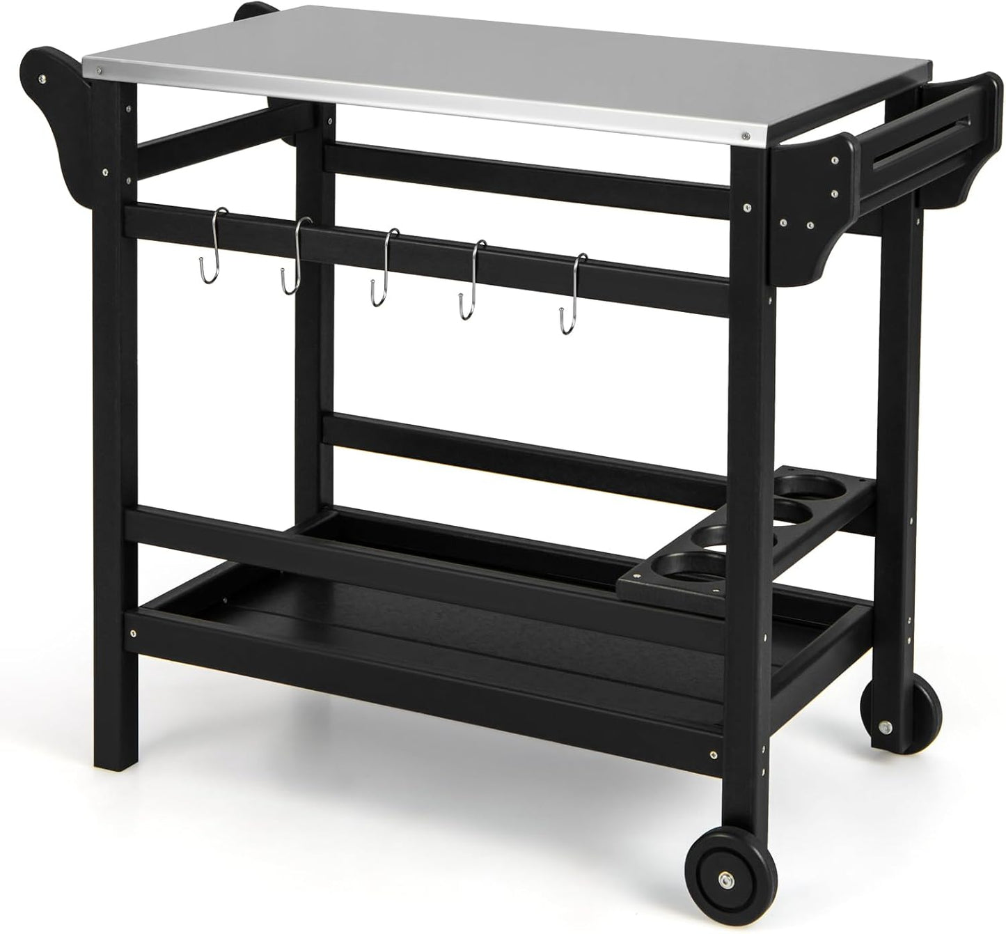 KOMFOTTEU Barbecue Trolley Grill Table with Stainless Steel Worktop, Garden Trolley Made of HDPE, Serving Trolley with Spice Tray, Wine Bottle Rack & Hooks, Grill Trolley, Kitchen Trolley for Outdoor