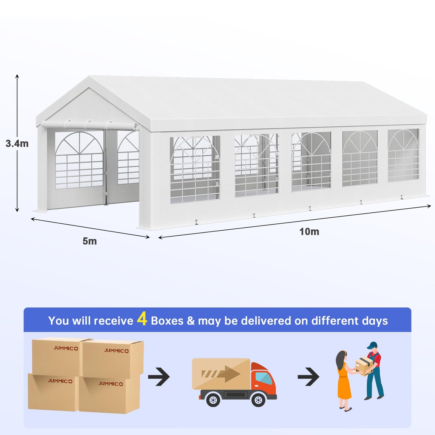 JUMMICO Gazebo Party Tent 4 x 6 Waterproof Stable Garden Tent UV Protection 50+ Tent 170 g PE Tarpaulin Marquee Beer Tent Garden Gazebo for Garden, Party, Festival, Wedding, White