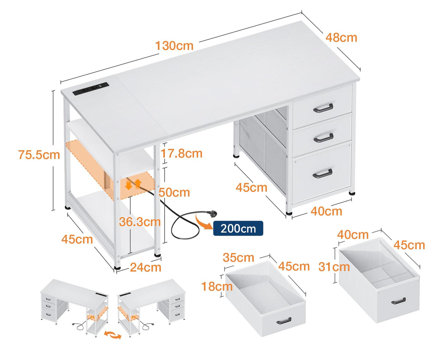 Coleshome Fabric Desk with 3 Drawers, 130 x 48 cm Computer Desk with 2 Sockets and 2 USB Charging Ports, PC Table with Shelf, Reversible Office Table for Office, Living Room, White