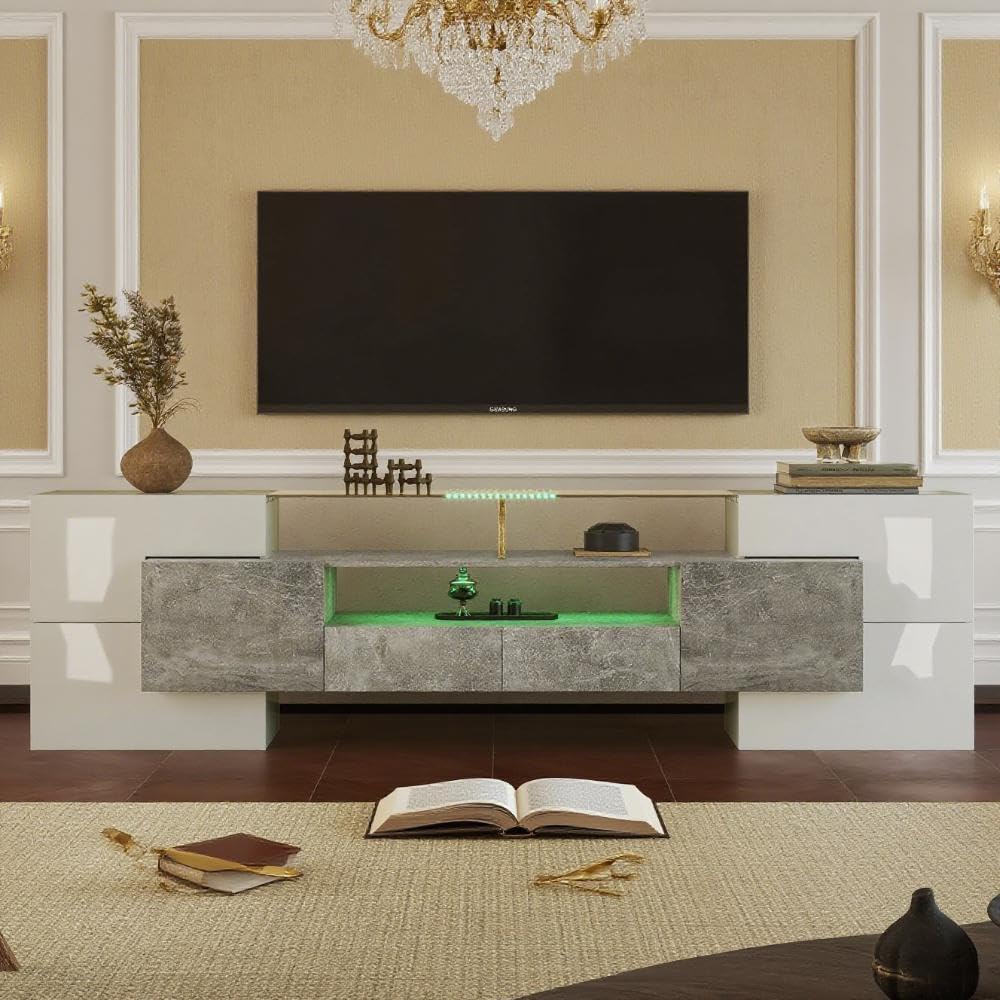 LANTRO JS TV Cabinet 200 cm Long with Elegant Glass Surface, TV Lowboard in Marble Look, TV Cabinet with LED Lighting, White and Black