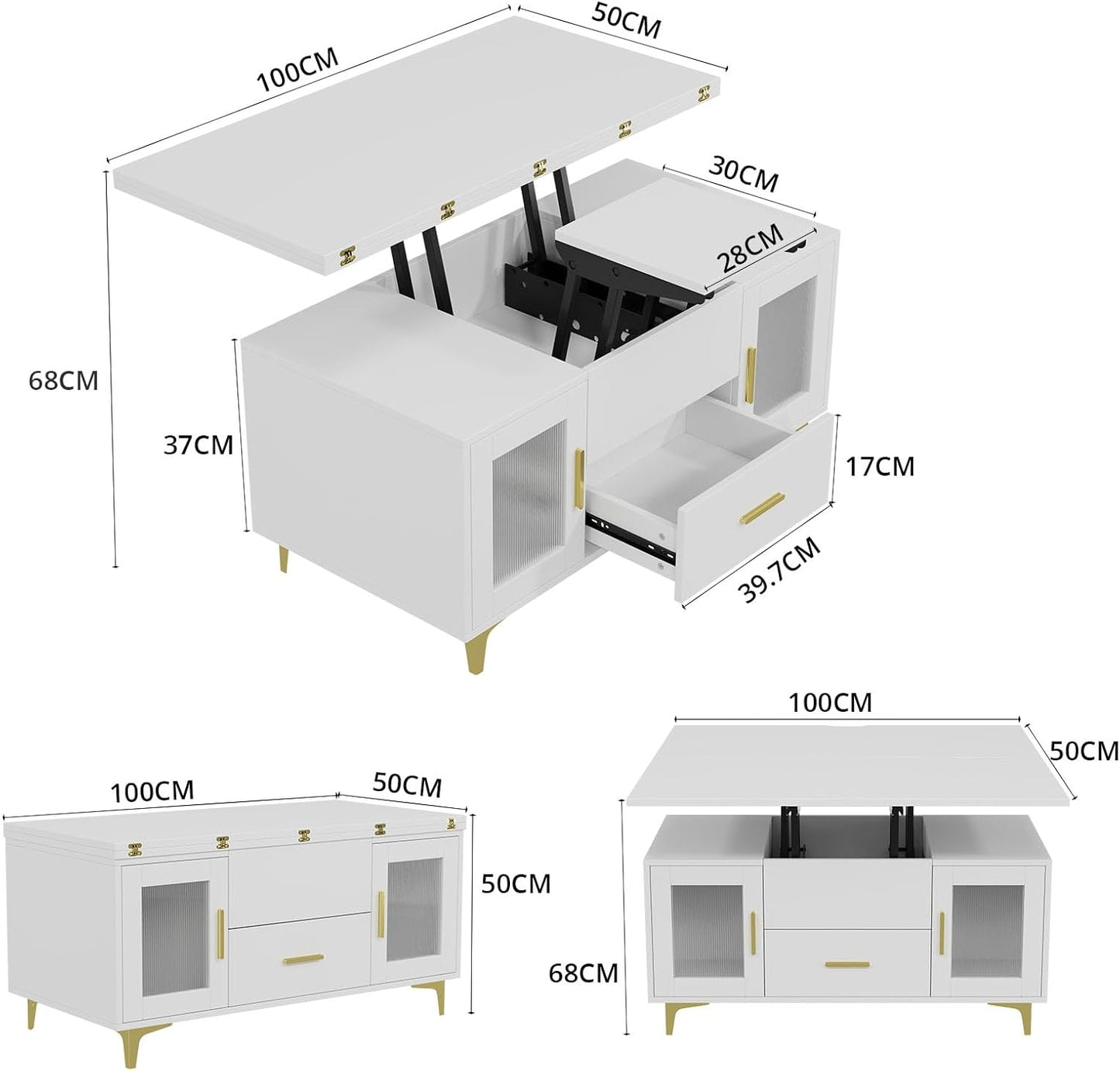 VOWNER Coffee Table Height Adjustable, 3-in-1 Multifunctional Living Room Table with Drawer, Coffee Table with Storage Space, Convertible into Living Room Dining Table, White