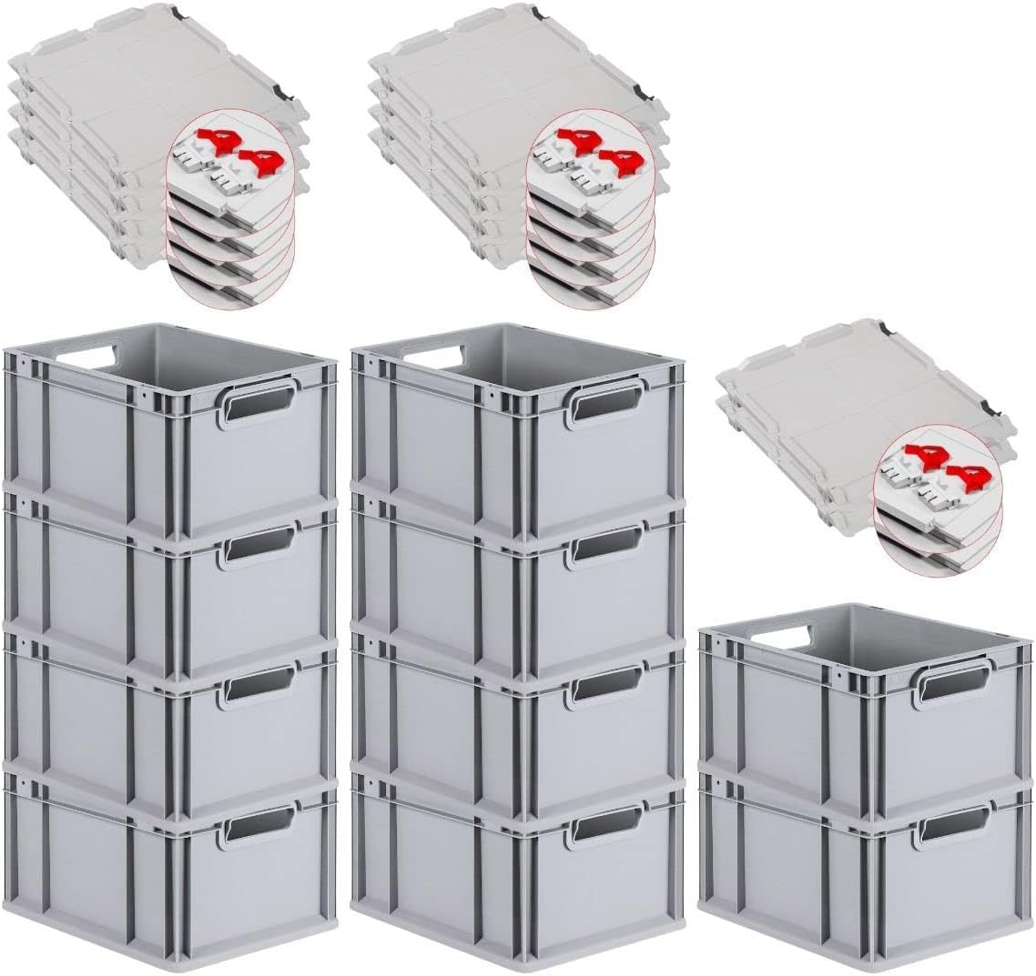 PROREGAL SuperSparSet 3 x Eurobox NextGen Grip with Lid and Yellow Clasps, H x W x D 32 x 40 x 60 cm, 65 Litres, Open Handles, Reinforced Base, Euro Container, Transport Box