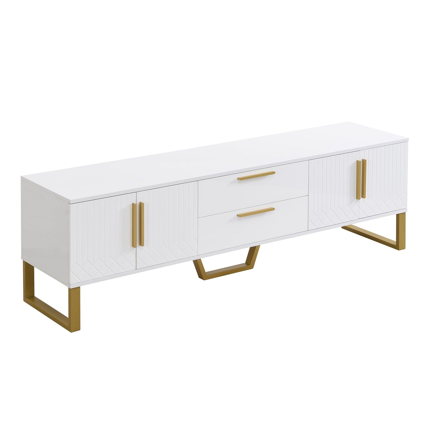 TV Cabinet Length 170 cm for TVs up to 75 Inches, Lowboard with Golden Handles and Feet, TV Cabinet with 4 Doors and 2 Drawers, Living Room Furniture TV Board, White