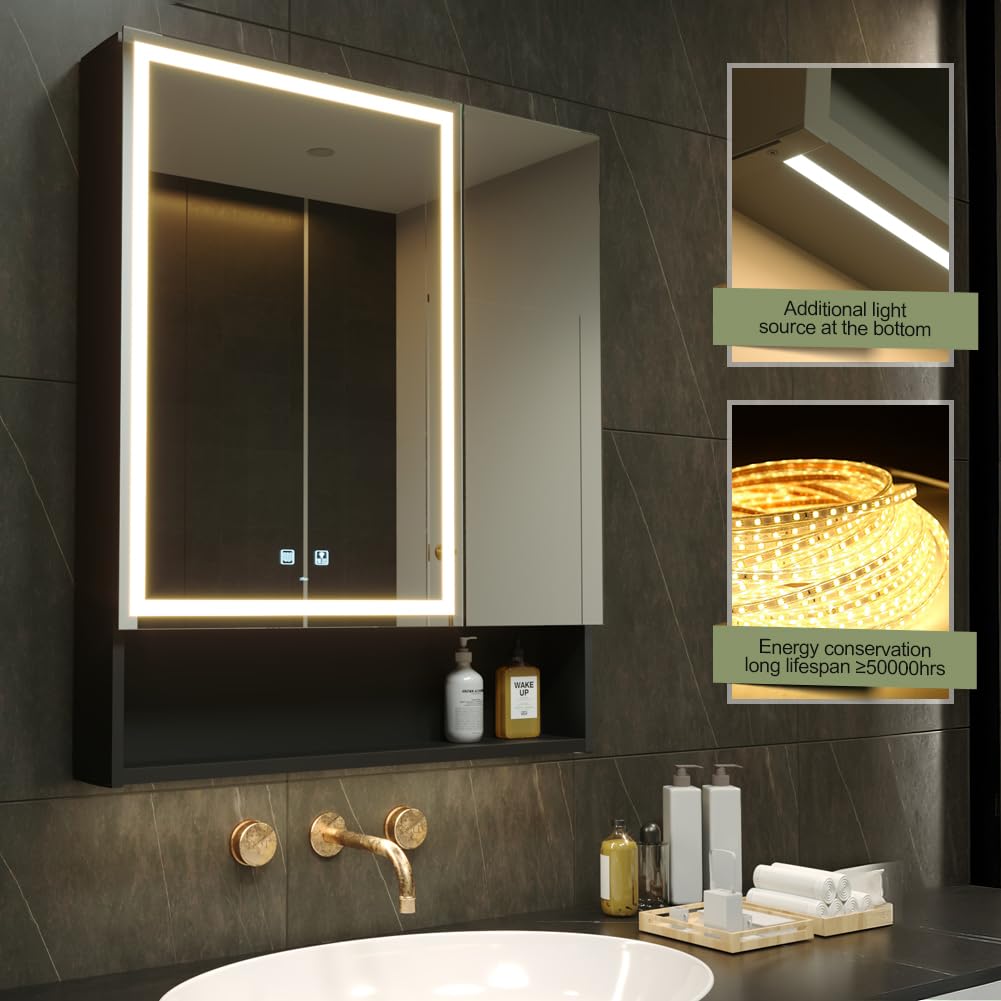 KWW LED Beleuchtetes Badezimmer Medizin Kabinett mit Spiegel, Farbtemperatur Einstellbar, Anti-Nebel Dimmbare Lichter, Steckdosen für USBs (75 x 70 cm)
