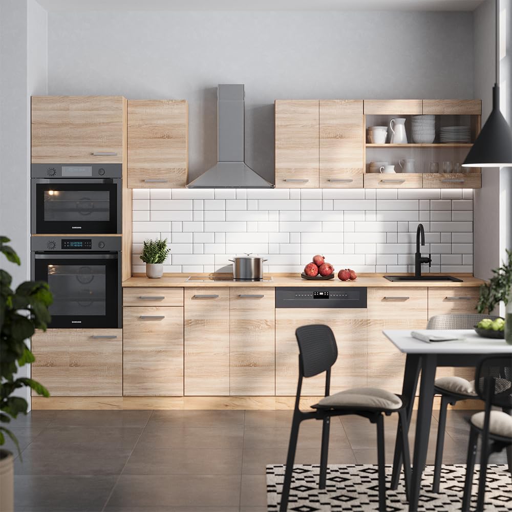 Vicco R-Line Kitchen Unit, High-Gloss Anthracite/Goldkraft Oak, 300 cm with Tall Cabinet, without Worktop