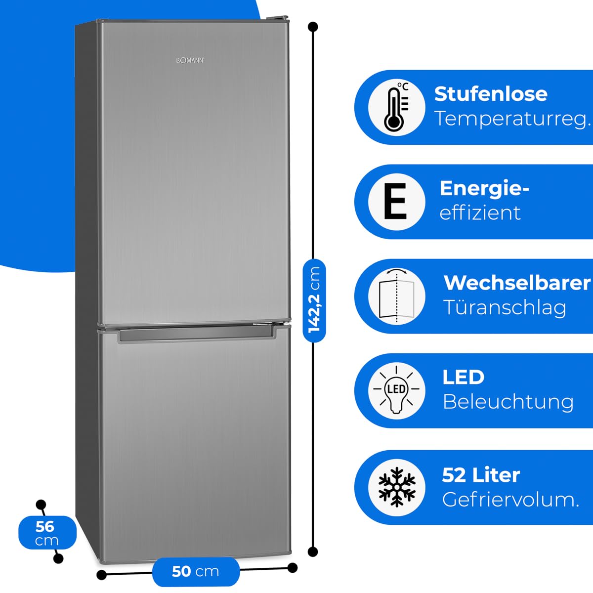 Bomann® Fridge with Freezer 143 cm High, Cool Freezer Combination 173 L with 3 Shelves and 3 Drawers, Door Hinge Changeable, Quiet Fridge Freezer Combination 40 dB, Refrigerator, KG 7331 inox