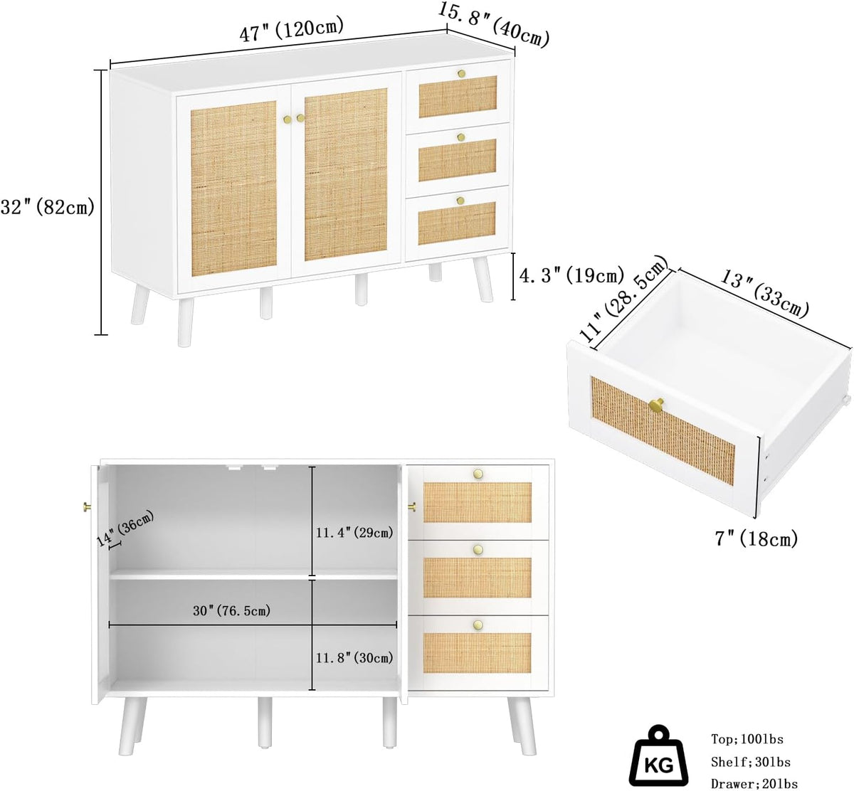 Sideboard 120 cm Rattan Kitchen Cabinet with Adjustable Shelf, Buffet Cabinet with 3 Drawers and 3 Doors, Storage Cabinet for Living Room, Kitchen, Dining Room, Hallway, White, 120 x 40 x 82
