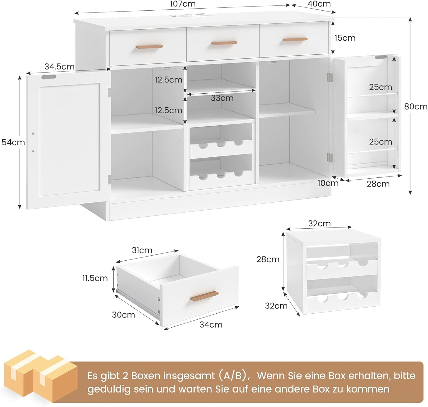 Küchenschrank mit Arbeitsfläche, Buffetschrank mit 3 Schubladen, Sideboard mit Steckdose, Flexibles Weinregal, Seitliches Ablagefach, Verstellbare Ablagen, Küche, Esszimmer, 40X107X80 cm, Weiß