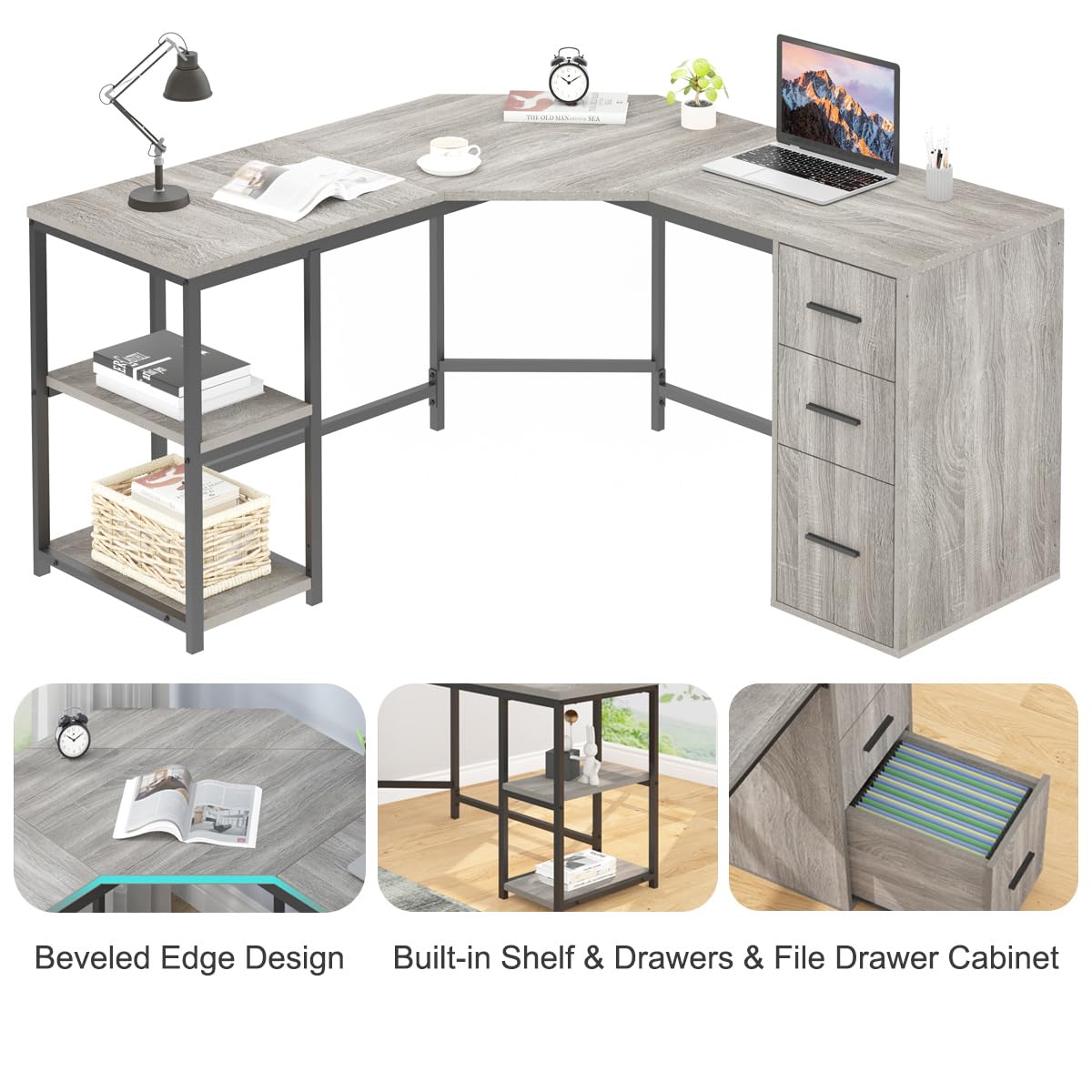 LVB White L Shaped Corner Desk with Drawers, Reversible Modern L Shaped Computer Desk with Storage Cabinets, Large L Shaped Wooden L Shaped Desk Metal L Shape