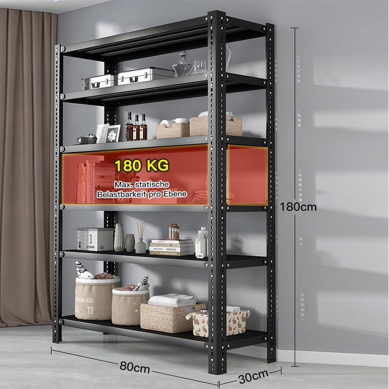Screw Shelf Storage Rack Black 1080 kg Total Load 80 x 30 x 180 cm 6 Shelves (180 kg Base) Metal Stable