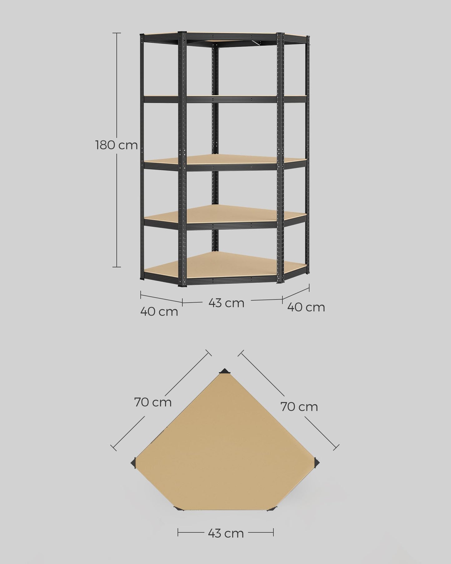 SONGMICS GLR080E01 Corner Shelving Unit 5 Levels Heavy Duty Metal Storage Shelf for Garage Storage Room Cellar Shelf Maximum Load 875 kg Silver Natural Beige