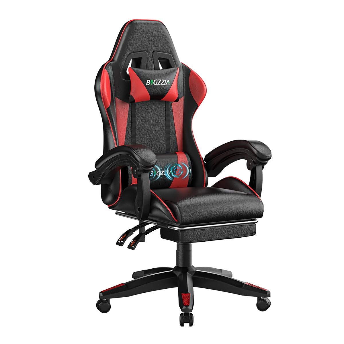 bigzzia Gaming Stuhl mit Massagefunktion und Fußstütze, Ergonomischer Gaming Chair Verstellbare Rückenlehne 90-135°, Gaming Sessel mit Massage-Lendenkissen und Kopfstütze, Gamer Stuhl, Schwarz