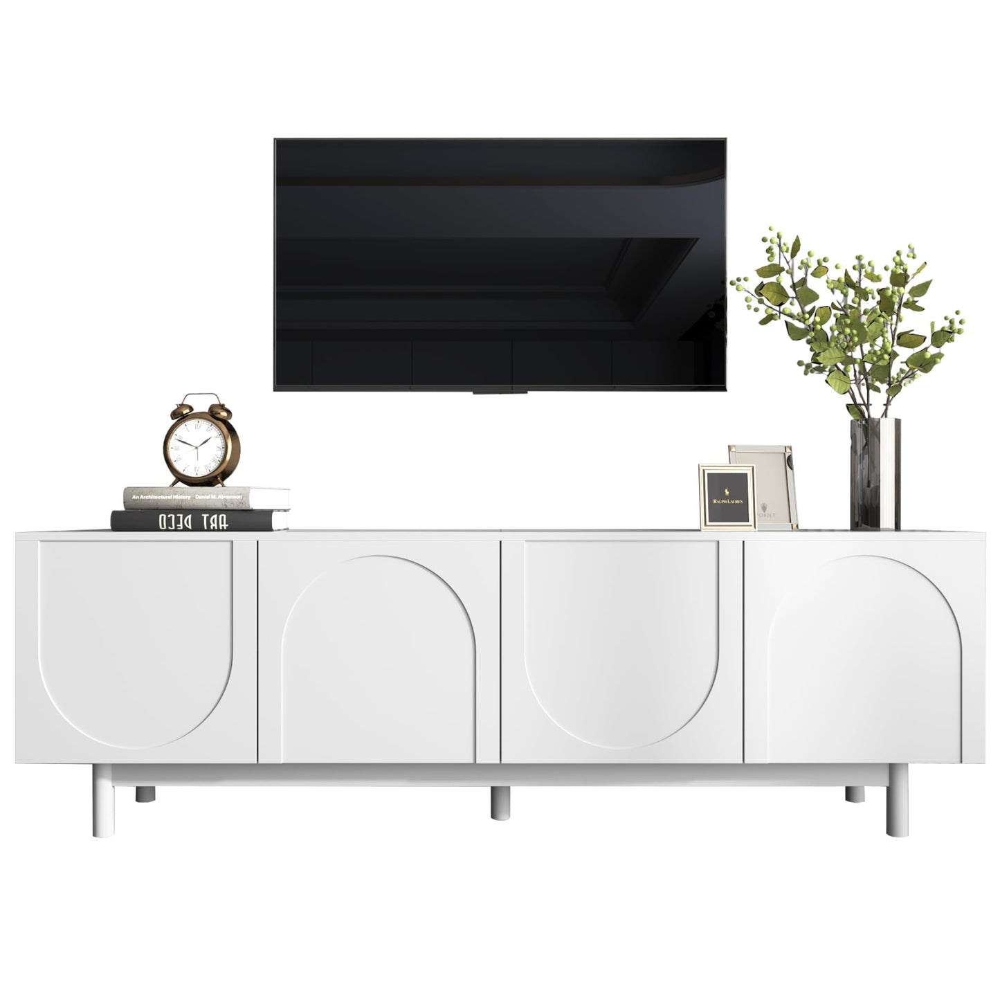 170 cm TV Cabinet with Textured Doors, TV Board with 4 Drawers, TV Cabinet with Oven Compartments, TV Cabinet for Living Room, TV Lowboard, Golden Handles and Feet, White