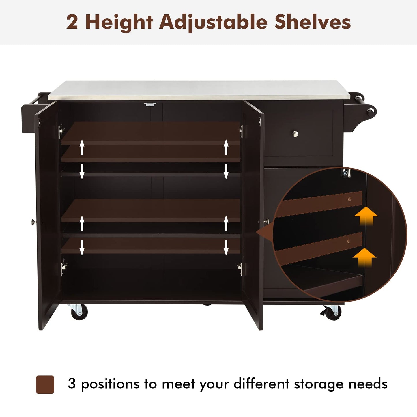 KOMFOTTEU Movable Kitchen Island with Stainless Steel Worktop, Kitchen Trolley with 3 Drawers & Towel Rail & Adjustable Shelf, Kitchen Cabinet on Wheels, Kitchen Trolley 135 x 45.5 x 91.5 cm (Black)