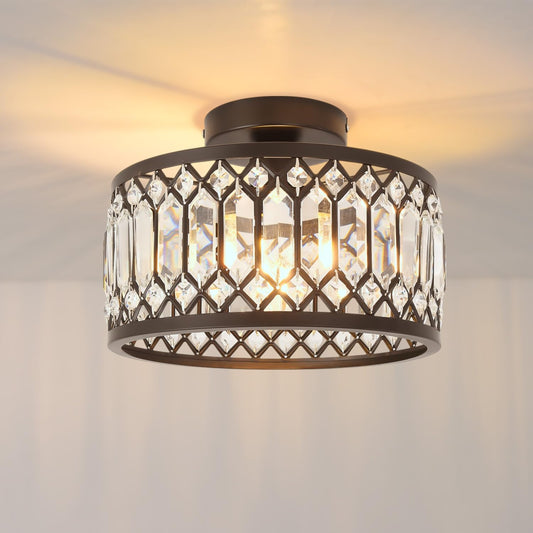 ANWIO Ceiling Light Living Room, Modern Crystal Ceiling Light Black Living Room, E27 Crystal Chandelier Bedroom with Glass Lampshade for Dining Room, Kitchen, Hallway, Office, Diameter 27 cm