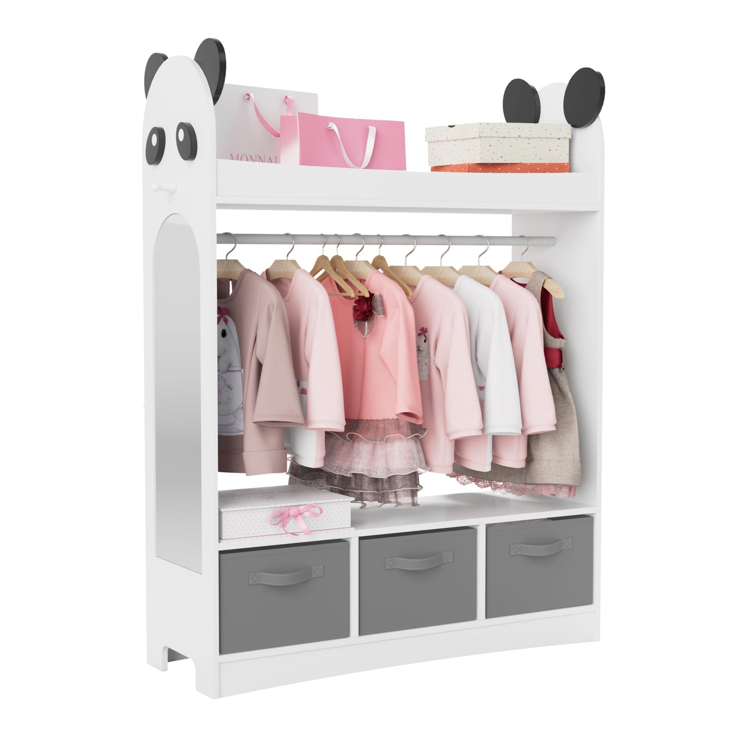 Children's Clothes Rack with Mirror, Clothes Rail with Shelves, Children's Wardrobe Wood, Children's Shelf for Children's Room, 81 x 28 x 106.5 cm (Clouds with 2 Drawers, White)