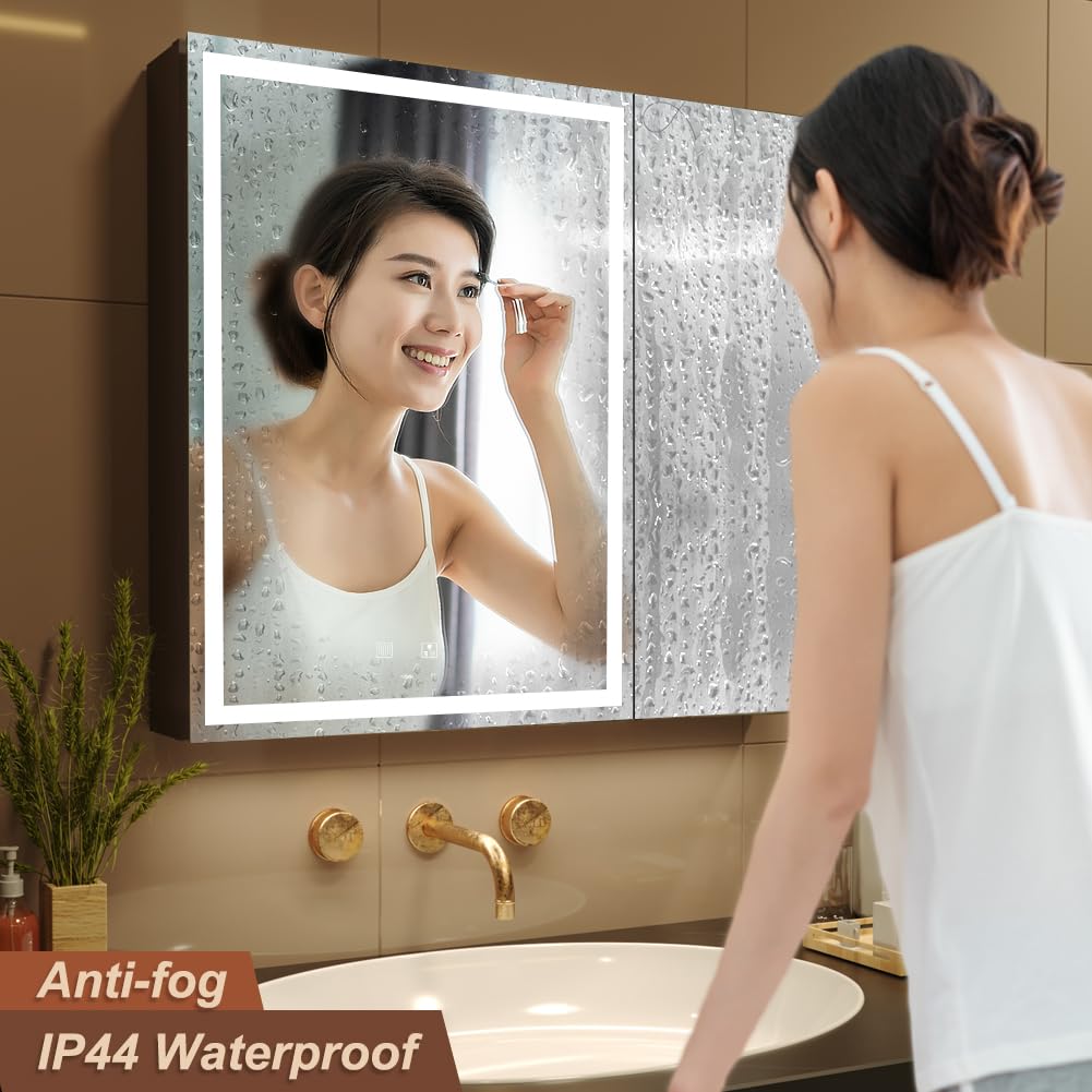 KWW LED Beleuchtetes Badezimmer Medizin Kabinett mit Spiegel, Farbtemperatur Einstellbar, Anti-Nebel Dimmbare Lichter, Steckdosen für USBs (75 x 70 cm)