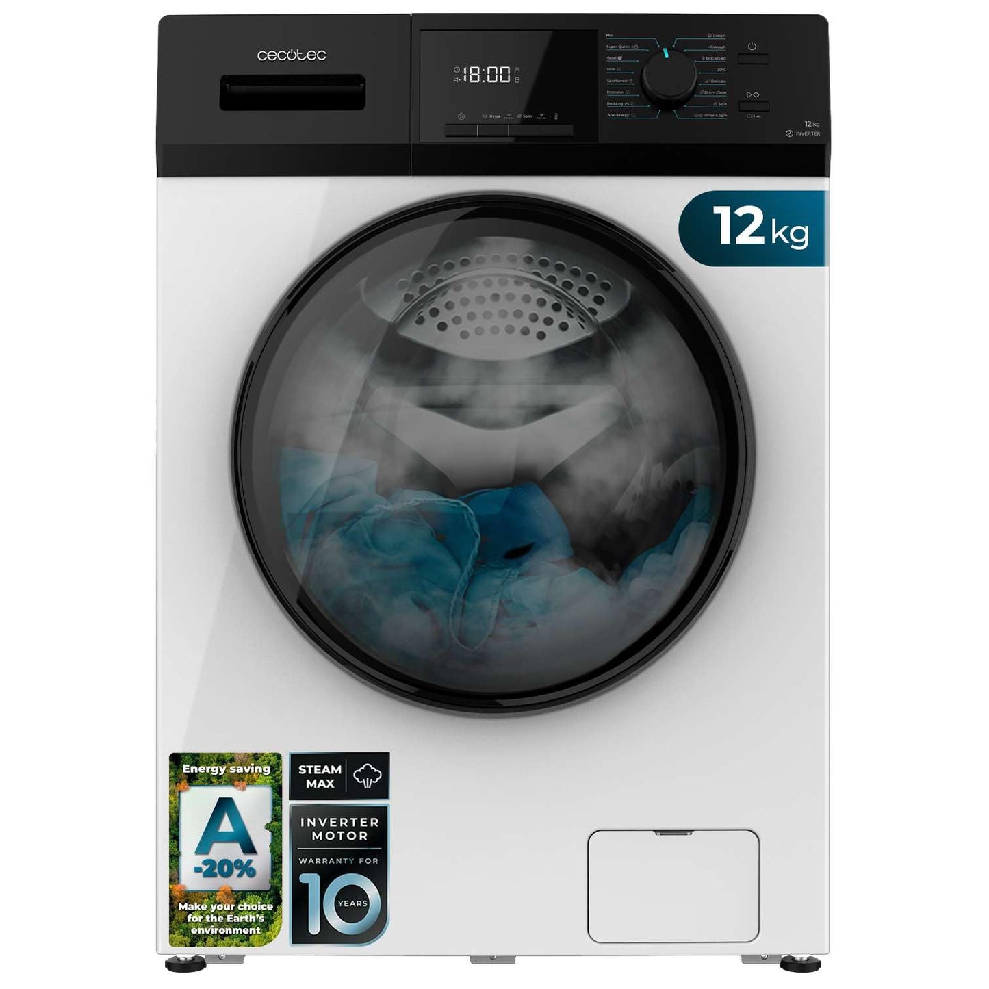 Cecotec Waschmaschine 7 kg Frontlader Bolero Dresscode 7410 Inverter A. 1850W, 1200 U/min einstellbar, 16 Programme, Inverter Plus Motor, Niedriger Verbrauch, Dampf, Kleidung sterilisieren