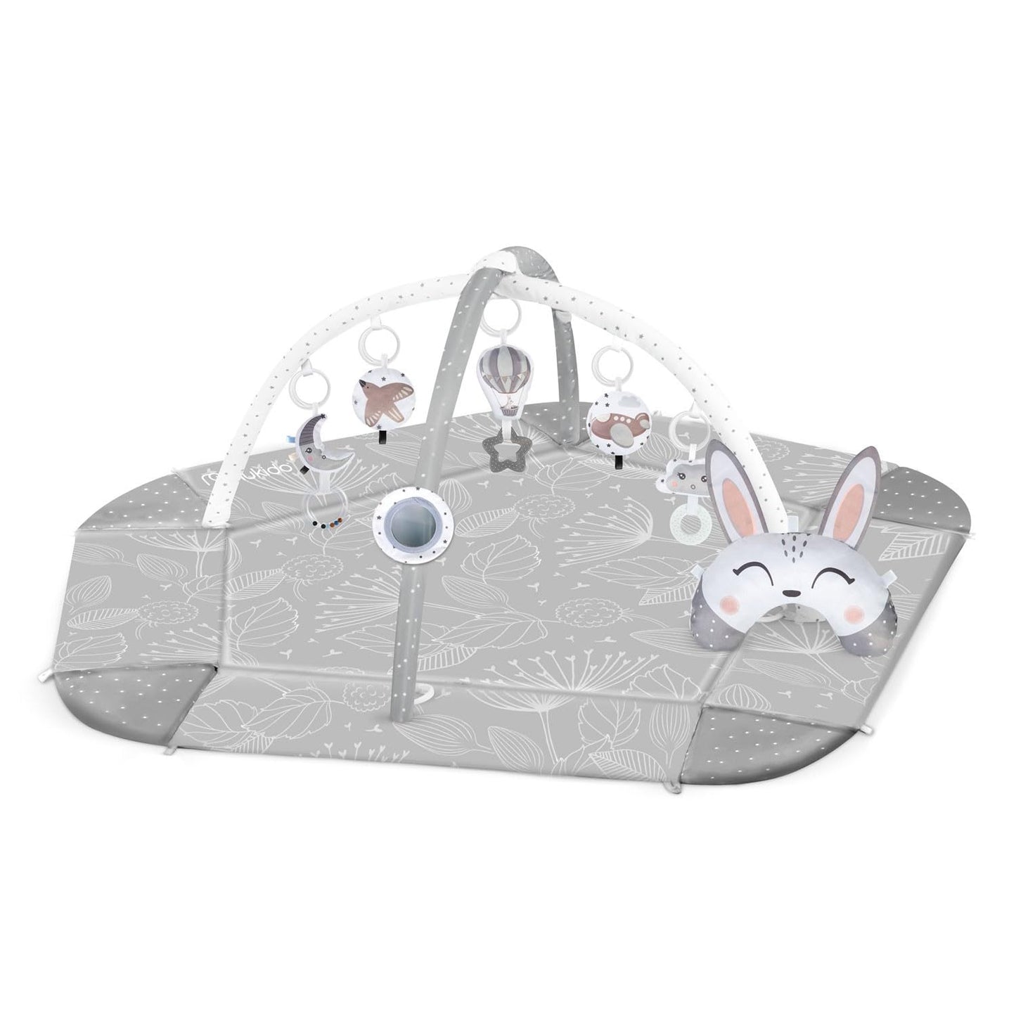 Nukido Interactive Play Arch Baby 5-in-1 Crawling Blanket for Baby Play Mat Playpen Baby with Mattress Baby Nest with Tummy Time Cushion 2 Sheets with 7 Sensory Toys 56 cm Grey