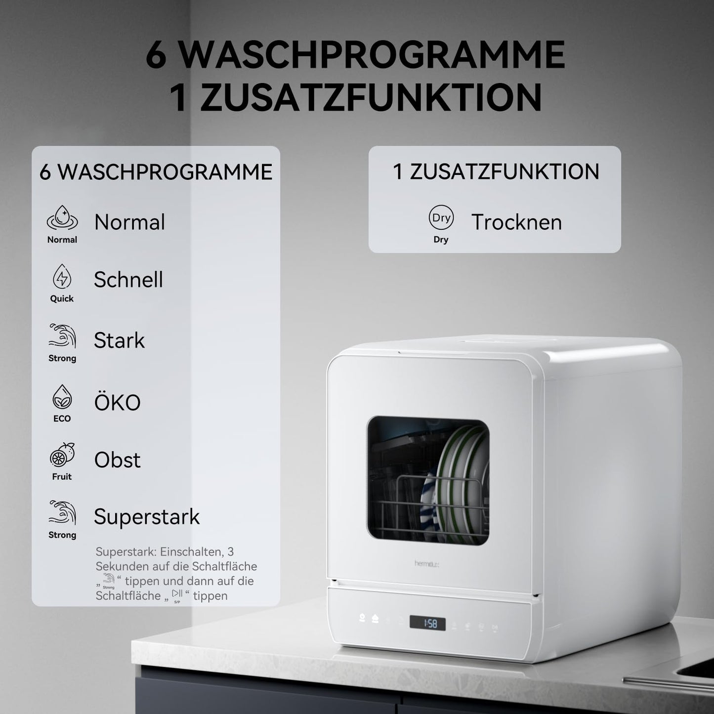 Hermitlux Tischgeschirrspüler, mini spülmaschine mit 7+3 Programme, 5 Maßgedecken, 5L Wassertank, Startverzögerung und Kindersicherung