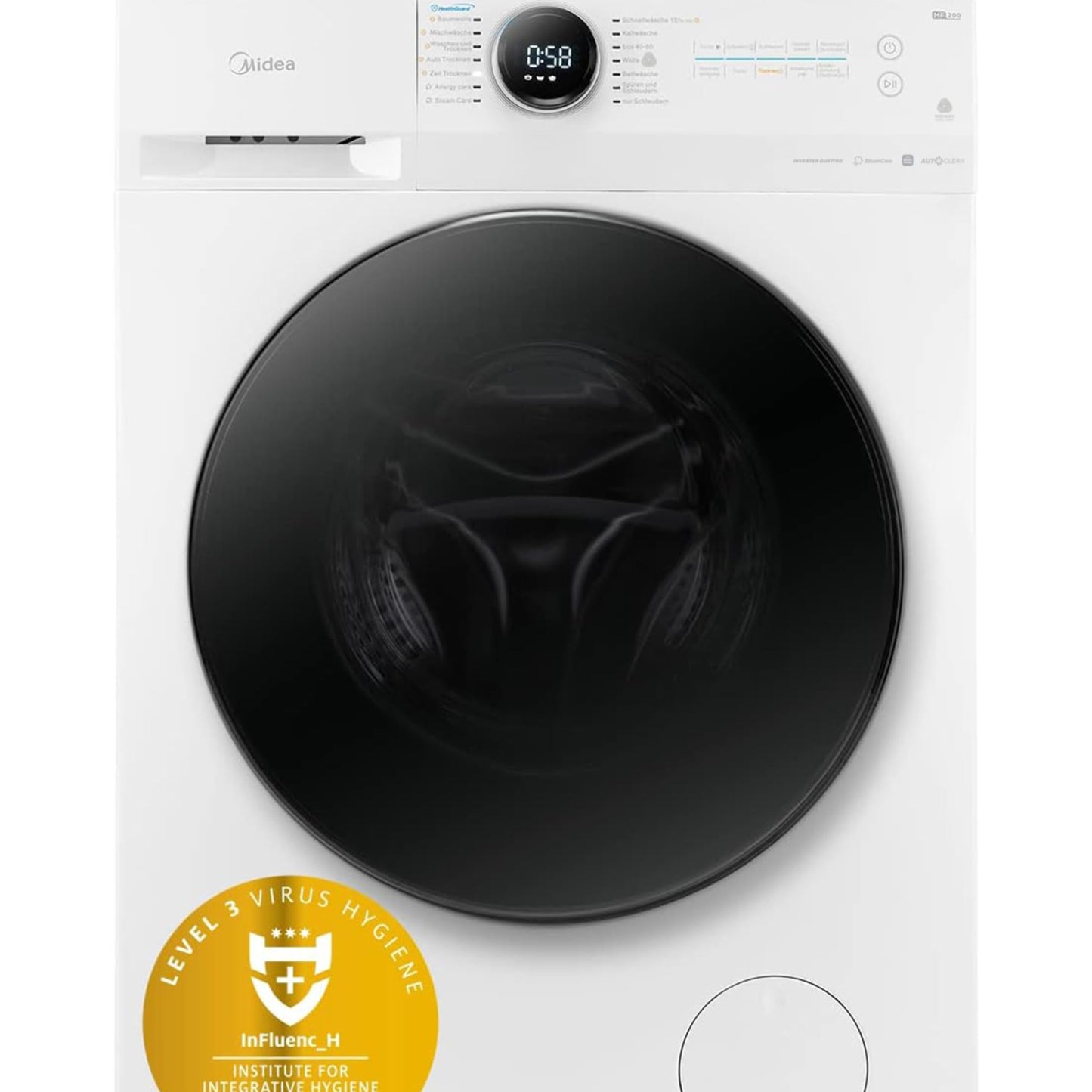 Midea MF200D86WB-14EAS Washer Dryer 8/6 kg Wash/Dry, Inverter Mortor, Refresh, 60 Min. Washing and Drying, Steam Care, Turbo Wash, 48 cm Deep, App Control, AquaStop