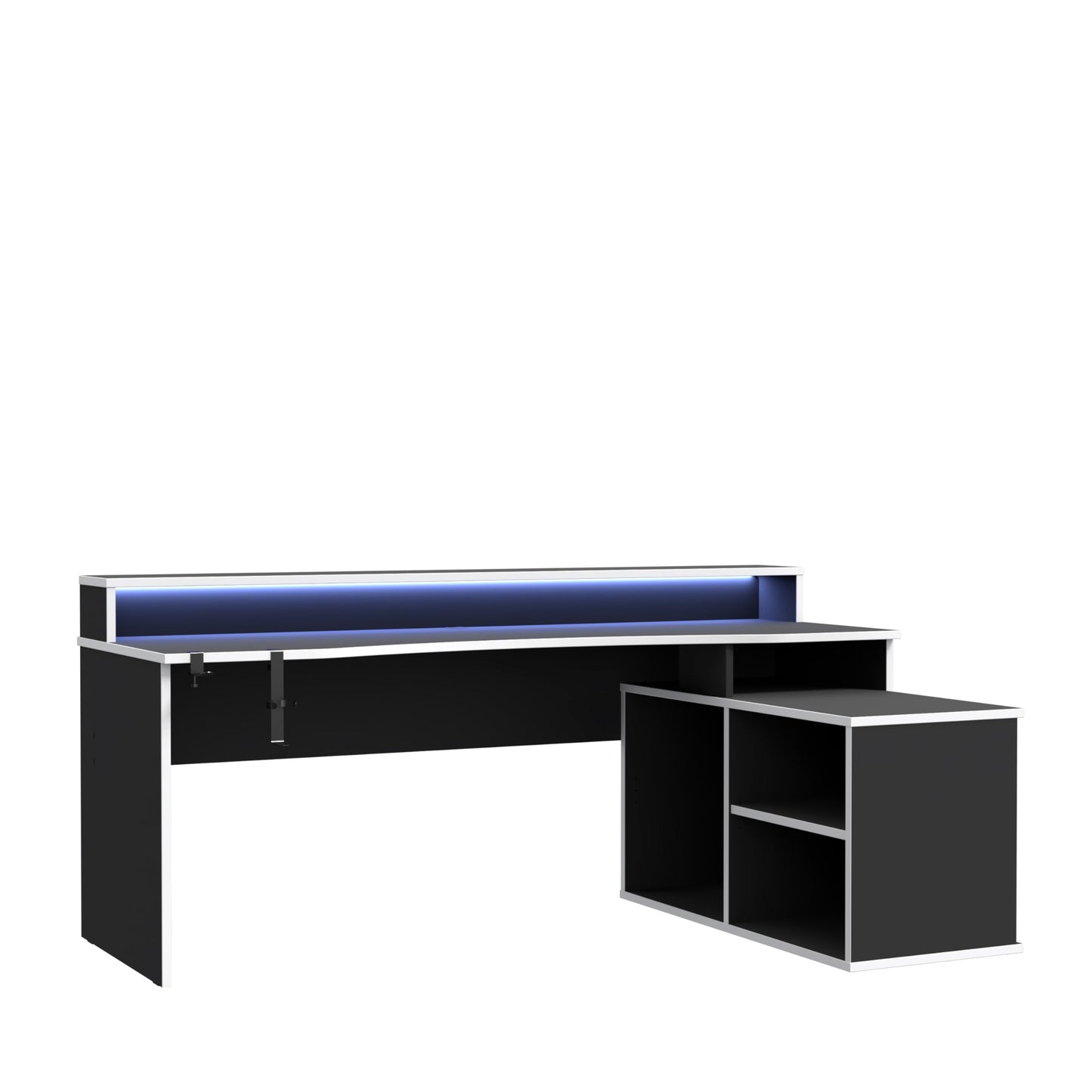 Forte TEZAUR Computer Desk Gaming Desk with LED Lighting and Shelf, Wood Material, Black, W x H x D: 200 x 91.1 x 125.4 cm