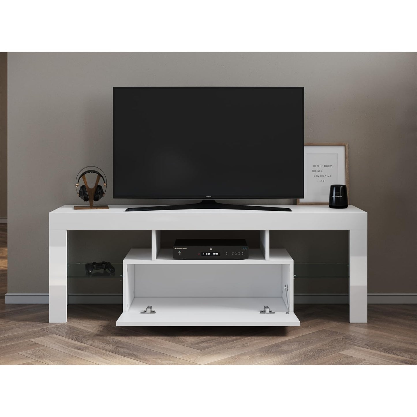 SONNI TV Board White, Handle-less Design, TV Cabinet High Gloss, TV Stand with LED Lighting, 12 Colours Can Be Adjusted, TV Shelf, Lowboard for TVs up to 65 Inches, 130 x 35 x 45 cm