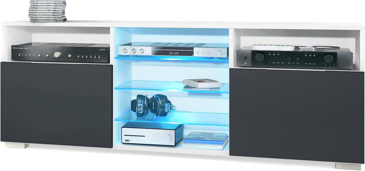 Vladon Granada TV Board Lowboard with 2 Doors and 6 Open Compartments, Matt White Body, Fronts in Sand Grey High Gloss (146 x 54 x 35 cm)