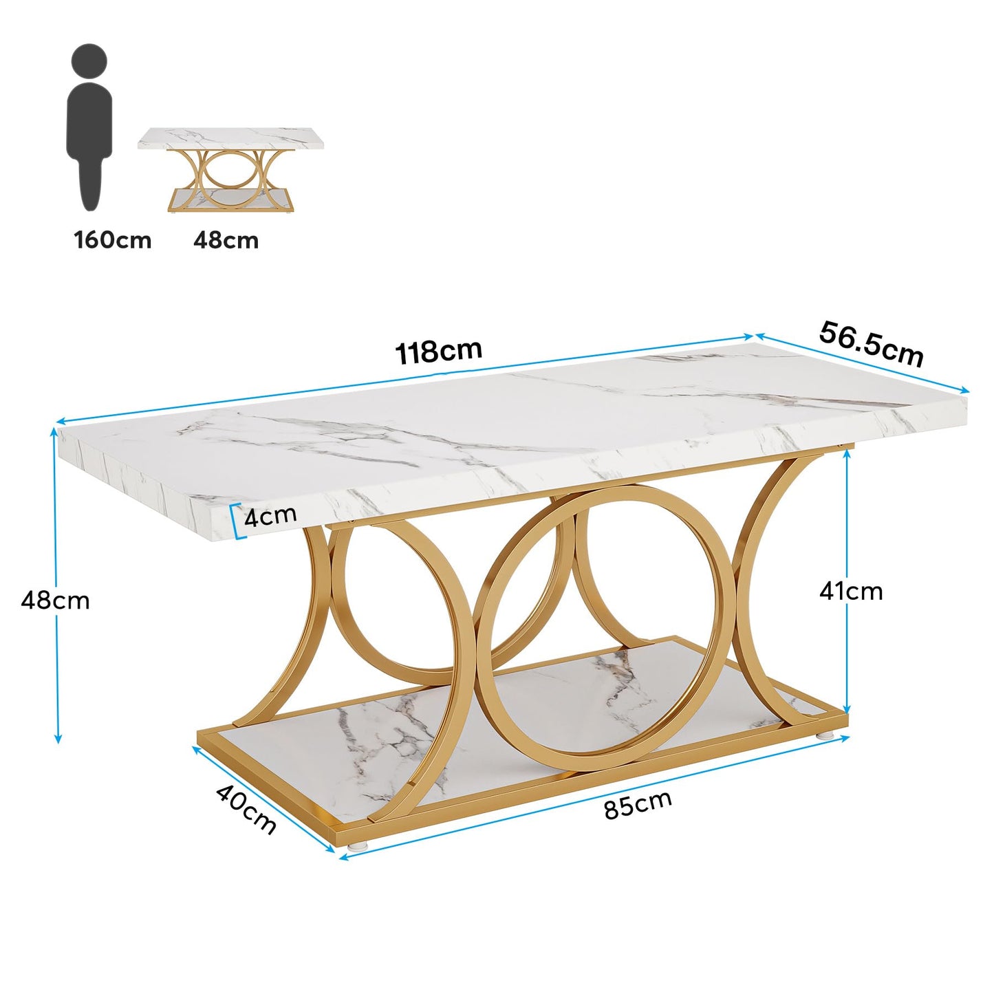 Tribesigns Rectangular Coffee Table, 120 cm Modern Living Room Table, 2-Tier Faux Marble Coffee Table with Geometric Legs, Furniture with Storage Compartment (Black and Gold)